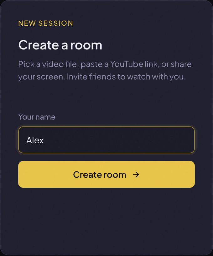 The Create a room card with a display name filled in and the Create room button.