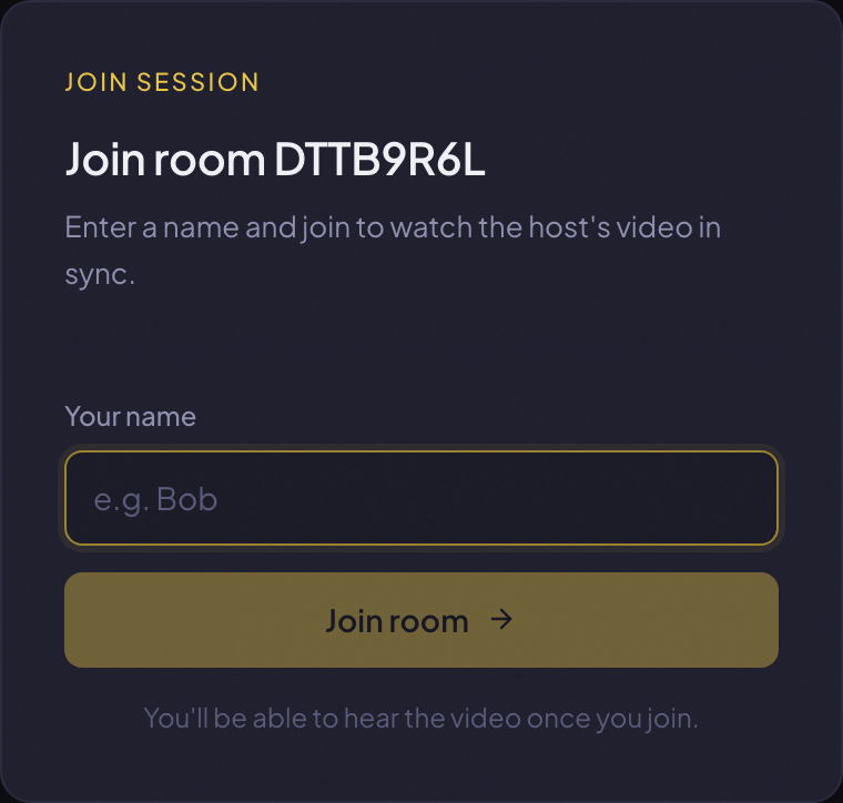 The guest join gate, a card asking for a display name before entering the room.