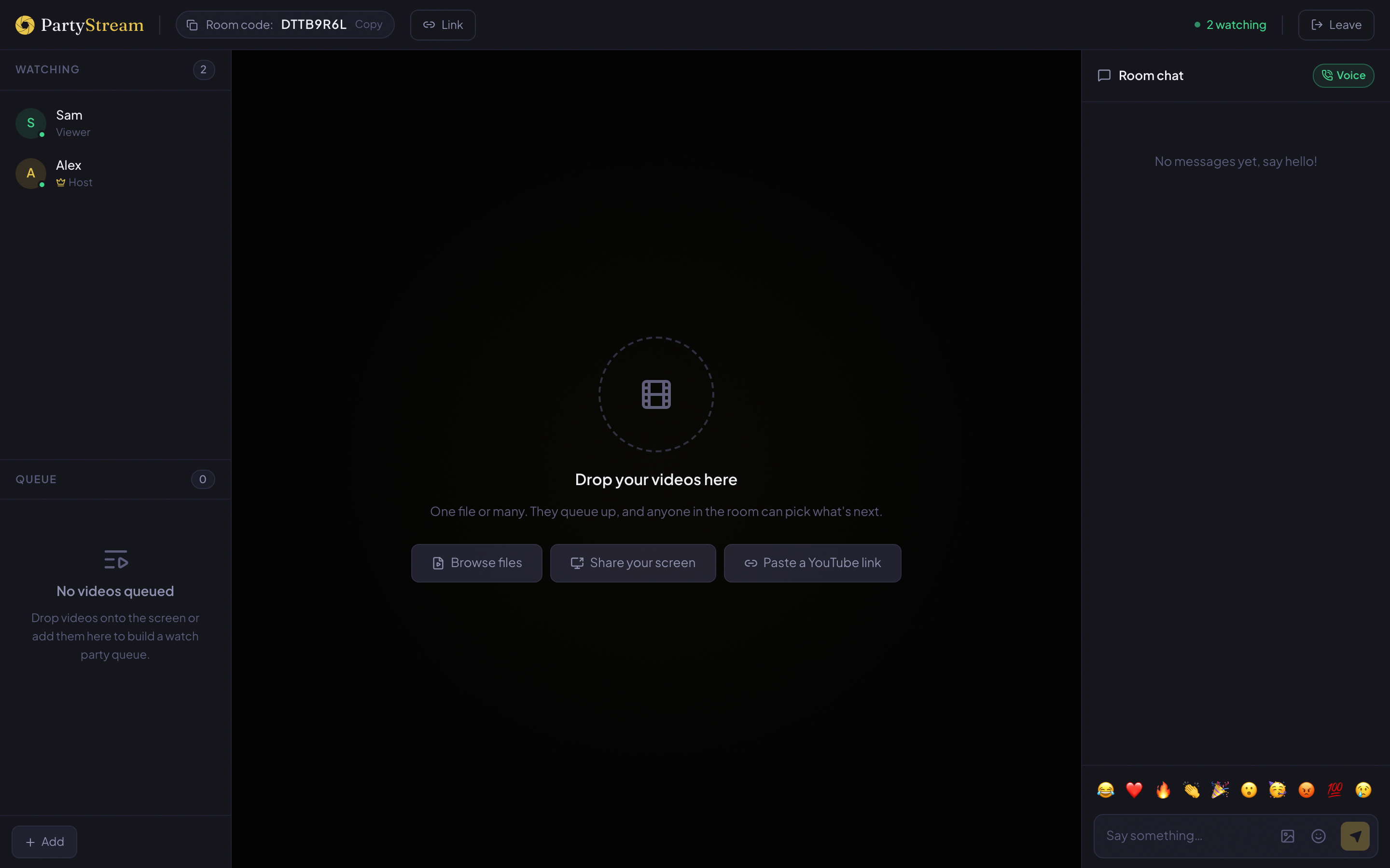 The PartyStream room view as seen by the host right after creating a room. The center shows a drop zone prompting the host to drop videos or browse files. The top bar shows the room code. The left sidebar lists participants and an empty queue. The right sidebar shows the chat.