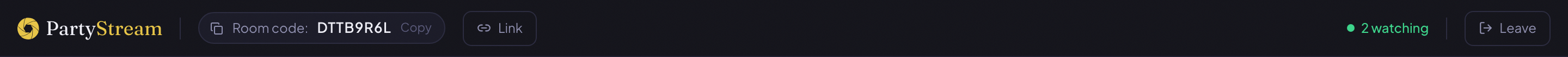 Close-up of the room top bar showing the PartyStream logo, the room code pill with a copy icon, a Link button, and a live count of people watching.
