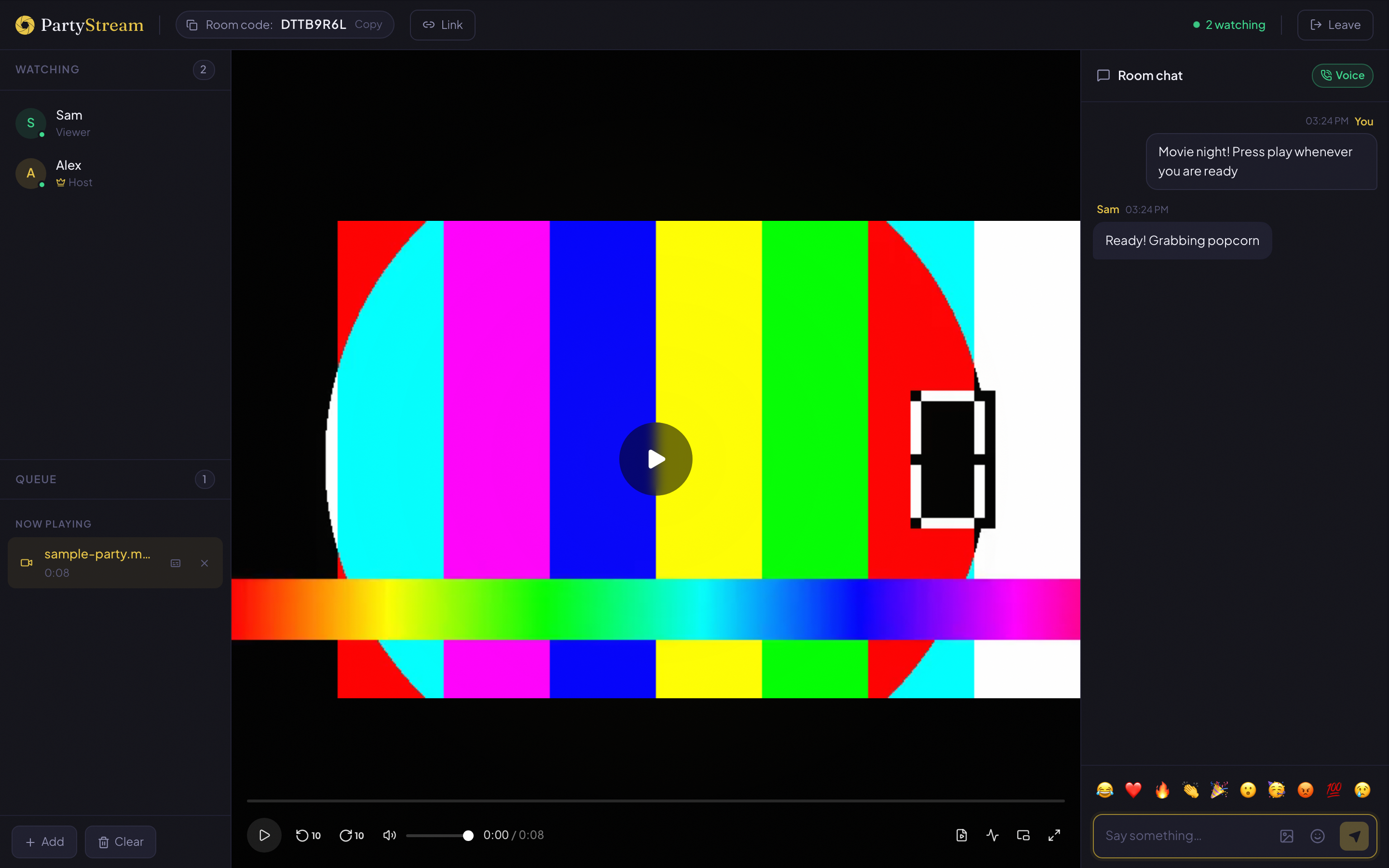 The full PartyStream room with a video playing in the center. The left sidebar shows participants and the queue. The right sidebar shows the chat with messages from the host and a guest. The top bar shows the room code and a live count of 2 watching.