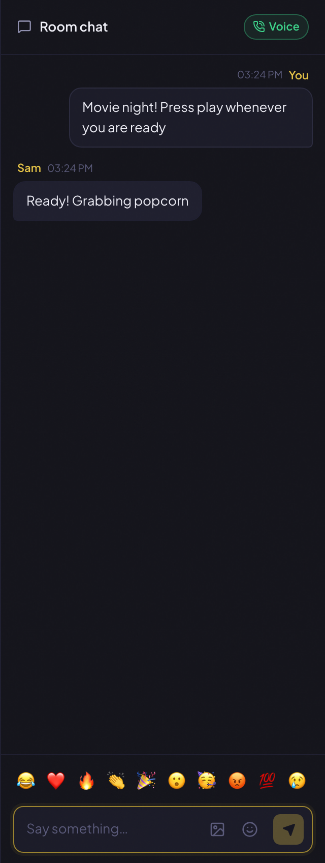 Close-up of the chat sidebar. Messages from the host and a guest are visible, with a row of reaction emoji above the text input and emoji and GIF buttons next to the send button.
