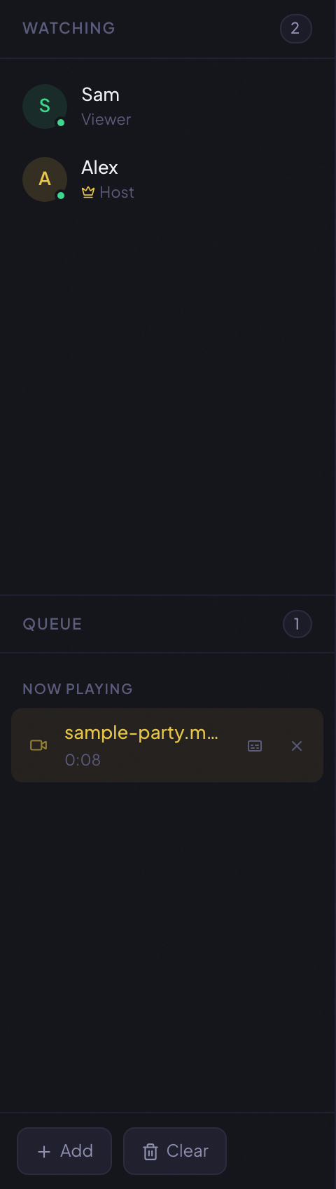 The left sidebar split into two halves. The top half is the participant list showing the host and one guest. The bottom half is the queue panel showing one video in the Now playing section.