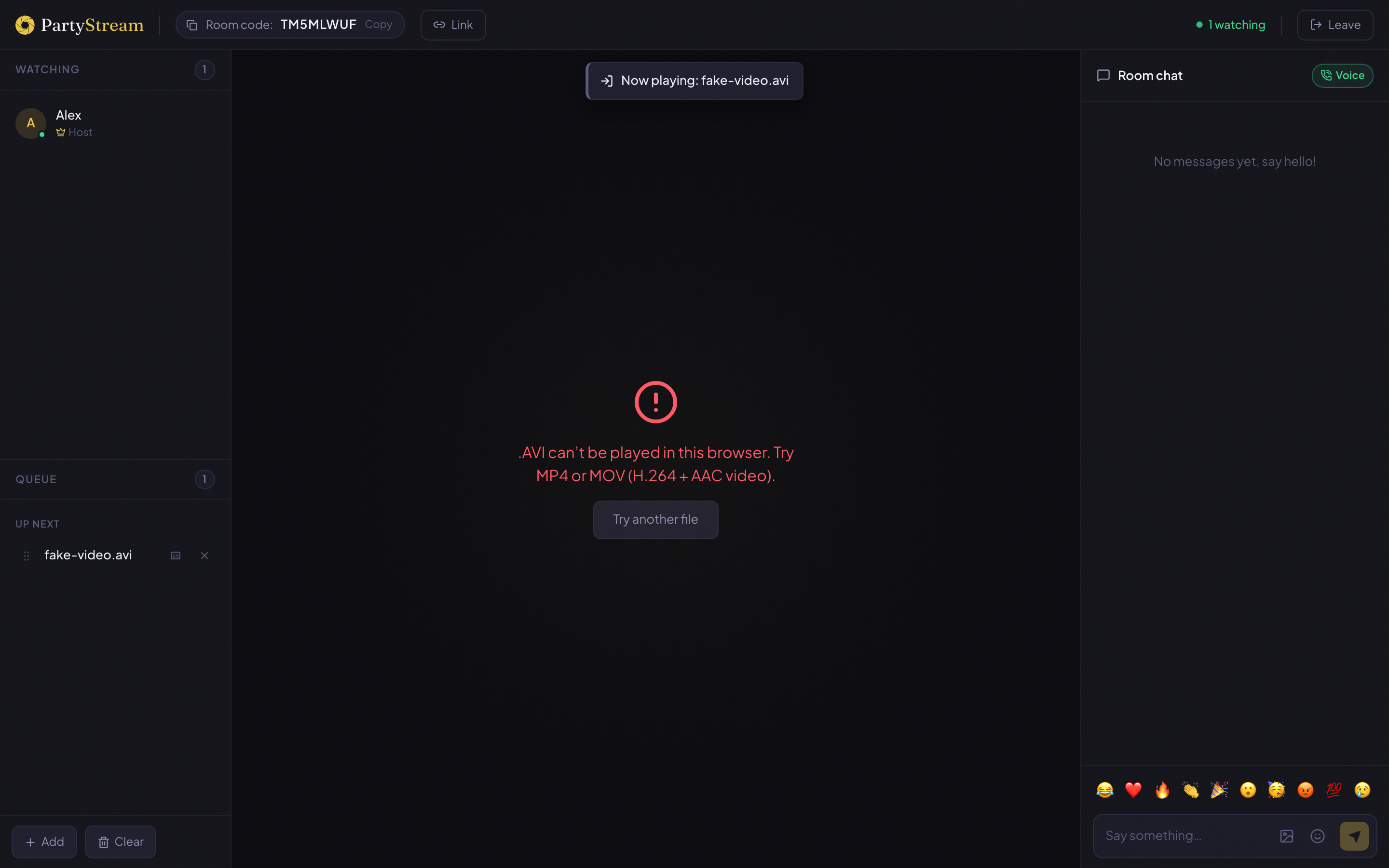 A PartyStream room showing an unsupported format error in the video area, with a Try another file button.