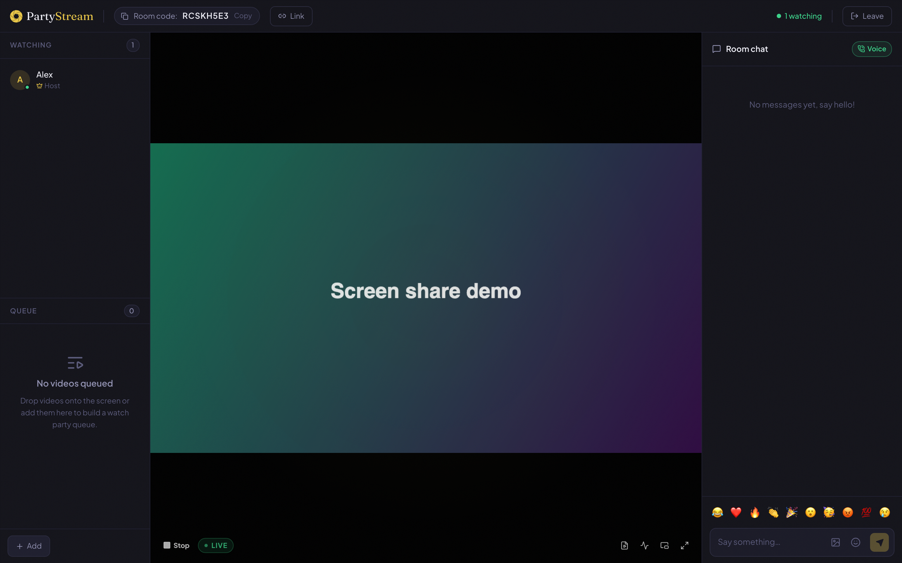 A PartyStream room where the host is sharing their screen. A gradient with the text Screen share demo is visible in the video area.