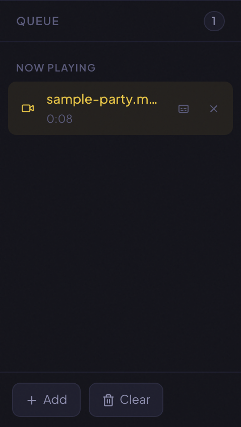 Close-up of the queue panel on the left sidebar. One video row is hovered, revealing a small CC subtitles button and an X remove button next to its title. Below the row a duration is shown.