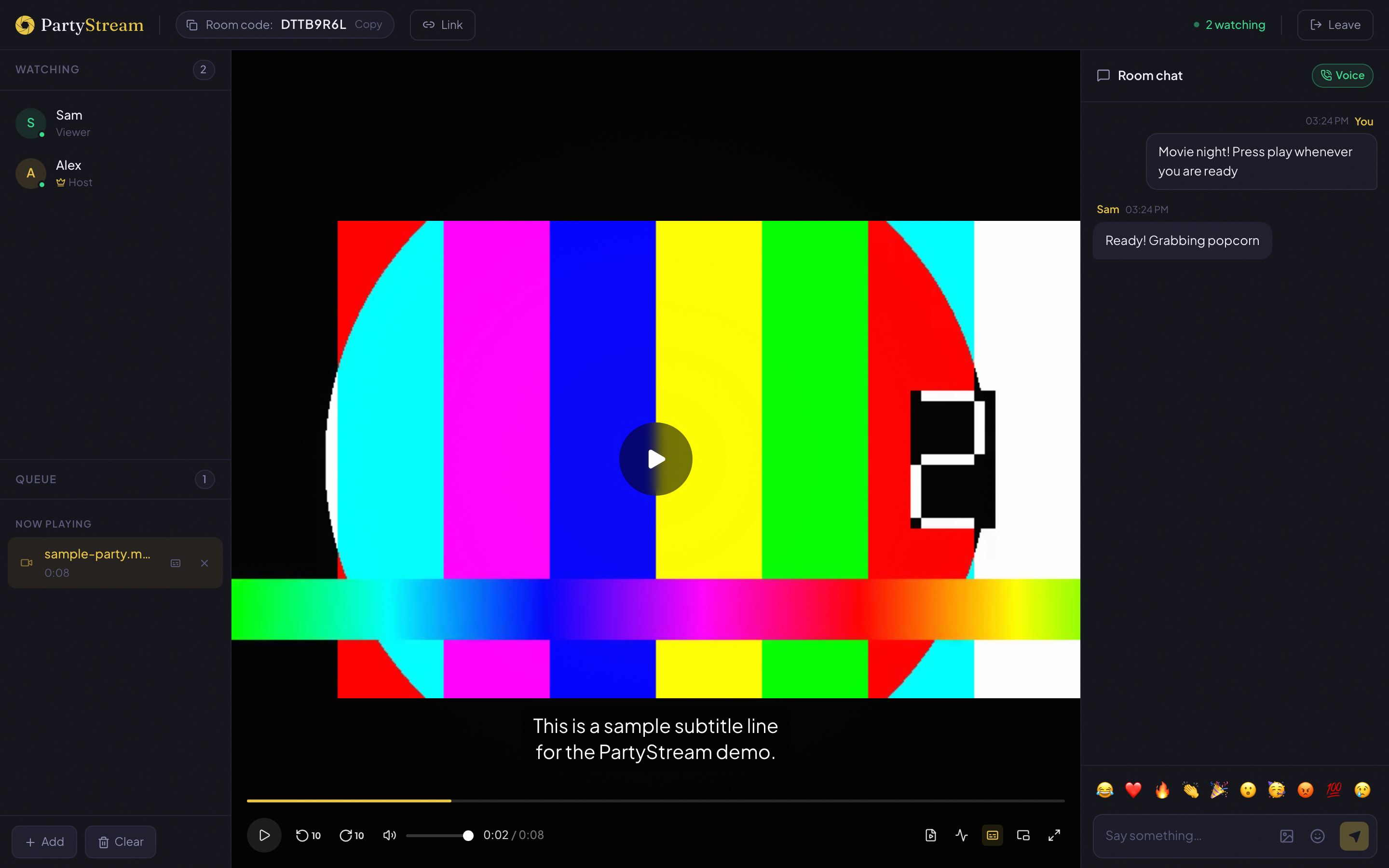 The PartyStream room with a video playing in the center and two lines of white subtitle text on a black bar near the bottom of the video. The left sidebar shows the queue with a CC badge next to the current video. The right sidebar shows the chat.