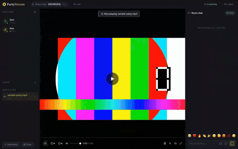 A chat message being typed and sent in PartyStream, appearing instantly in the chat sidebar.