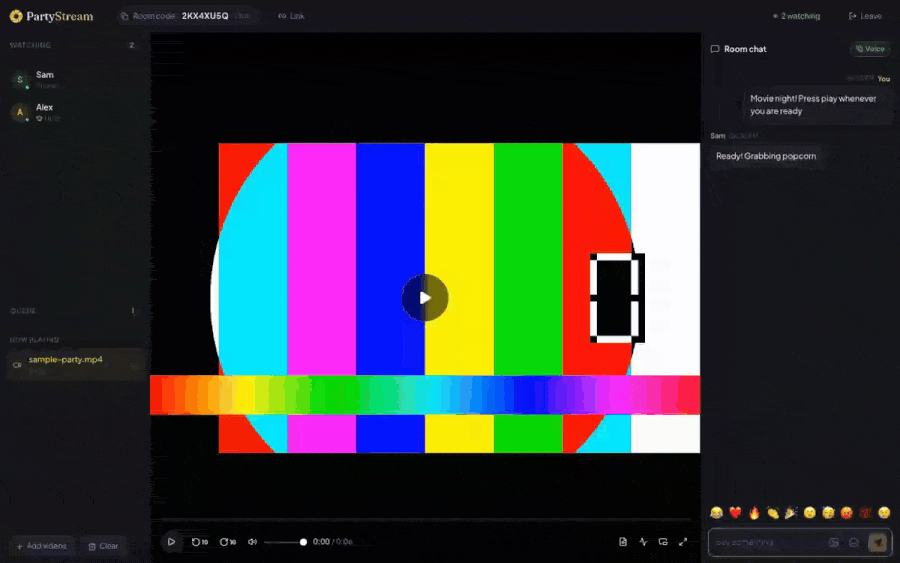 Emoji reactions floating up across the PartyStream video area during a watch party.